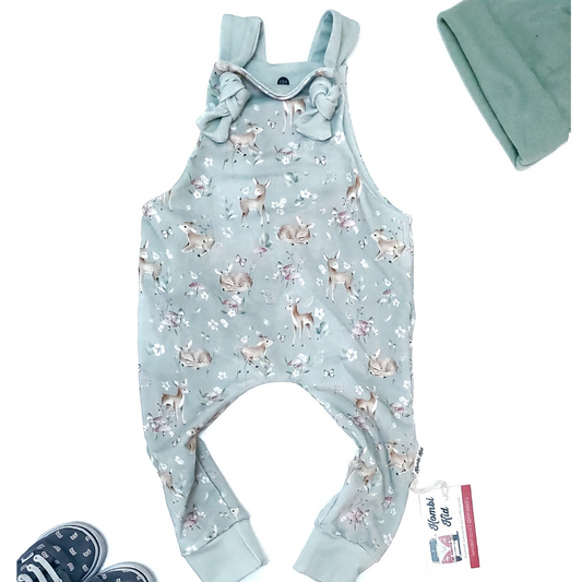 Spring Deer on Sage Overalls