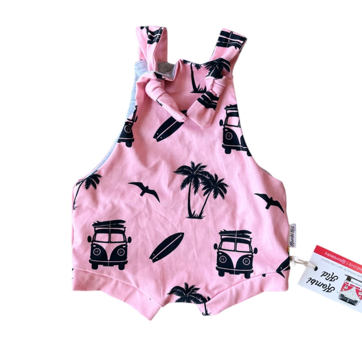 Shortie Overalls - Pink Camper & Palm Trees