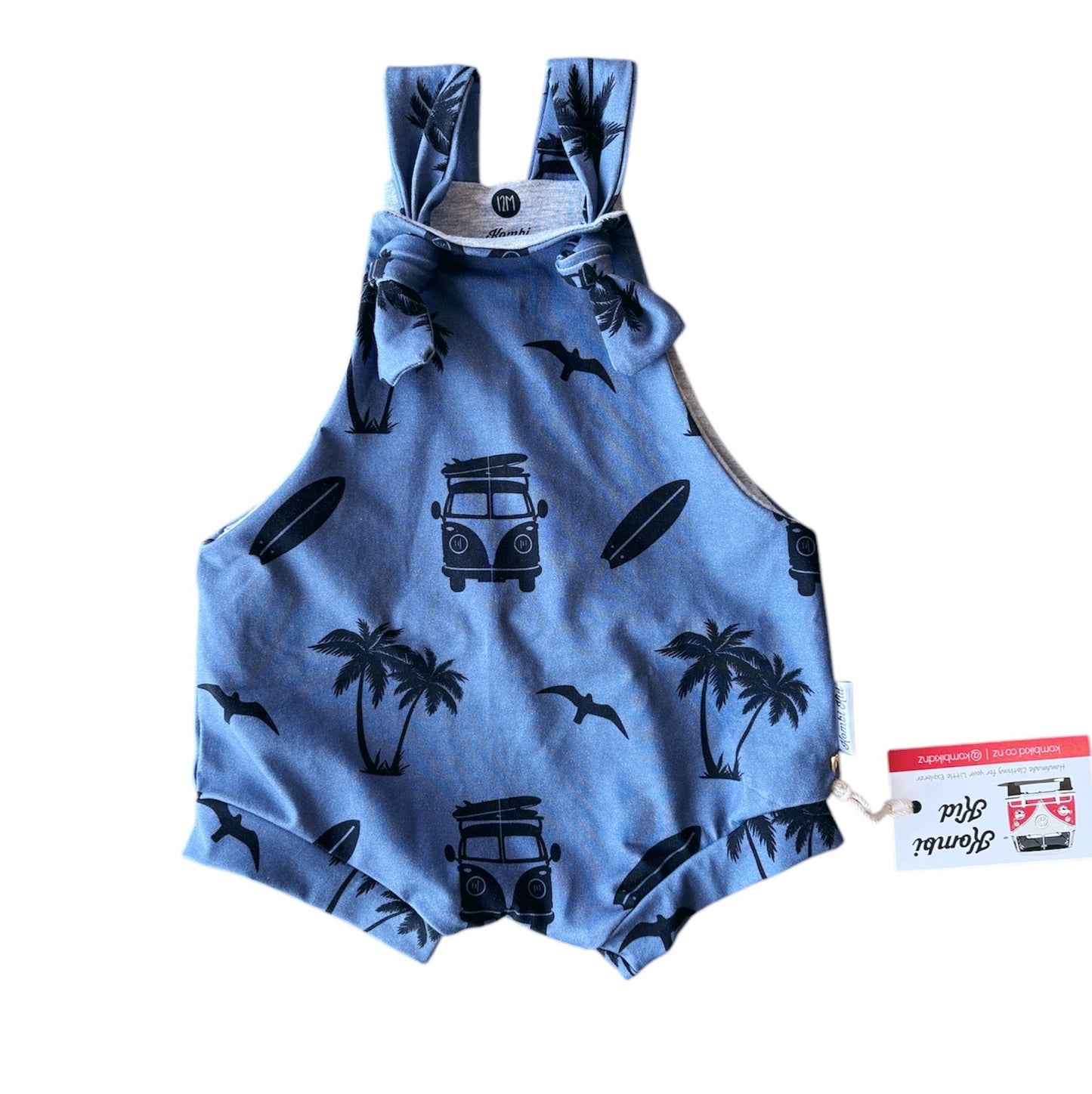Shortie Overalls - Denim Blue Camper & Palm Trees