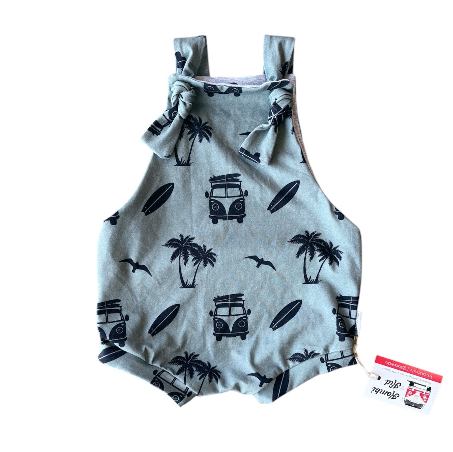 Shortie Overalls - Sage Camper & Palm Trees