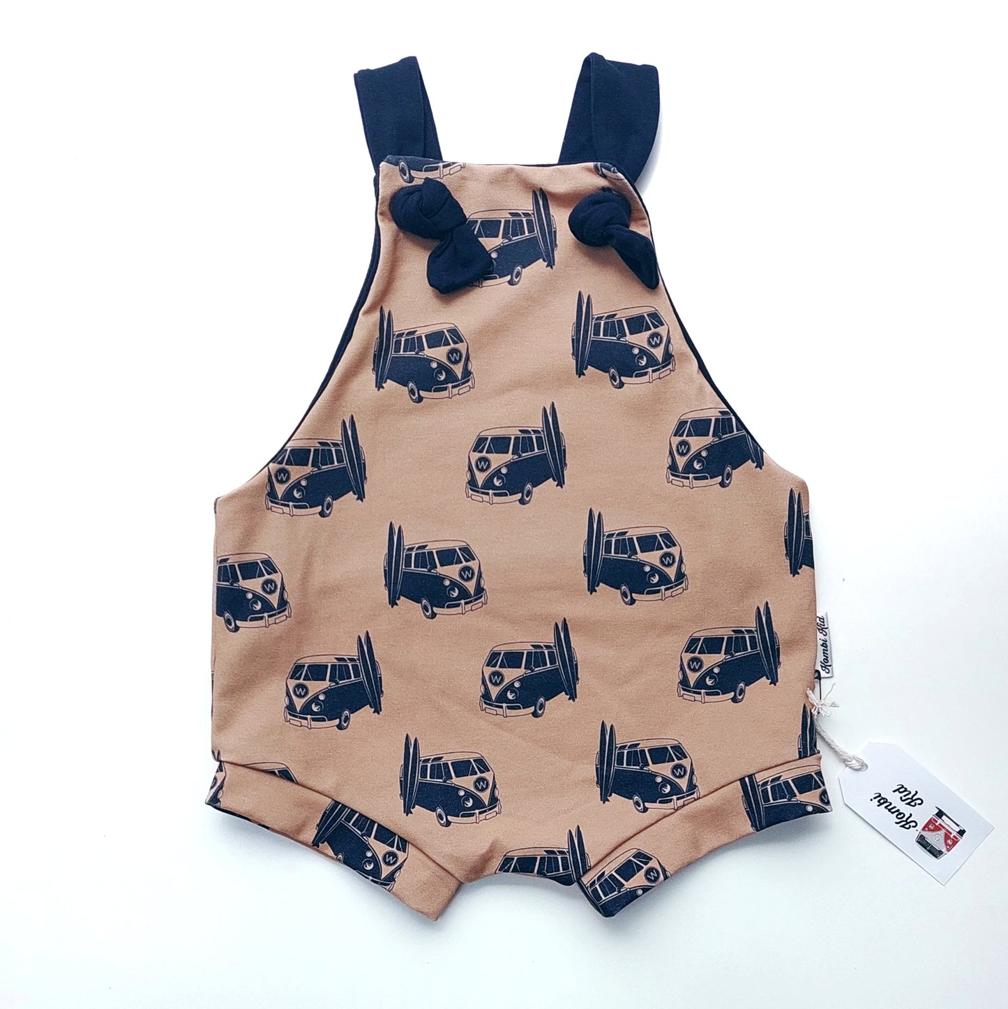 Shortie Overalls - Tan and Navy Camper