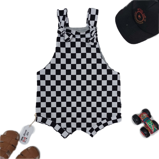 Shortie Overalls - Black and White Check