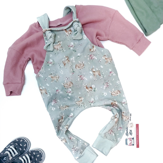 Spring Deer on Sage Overalls